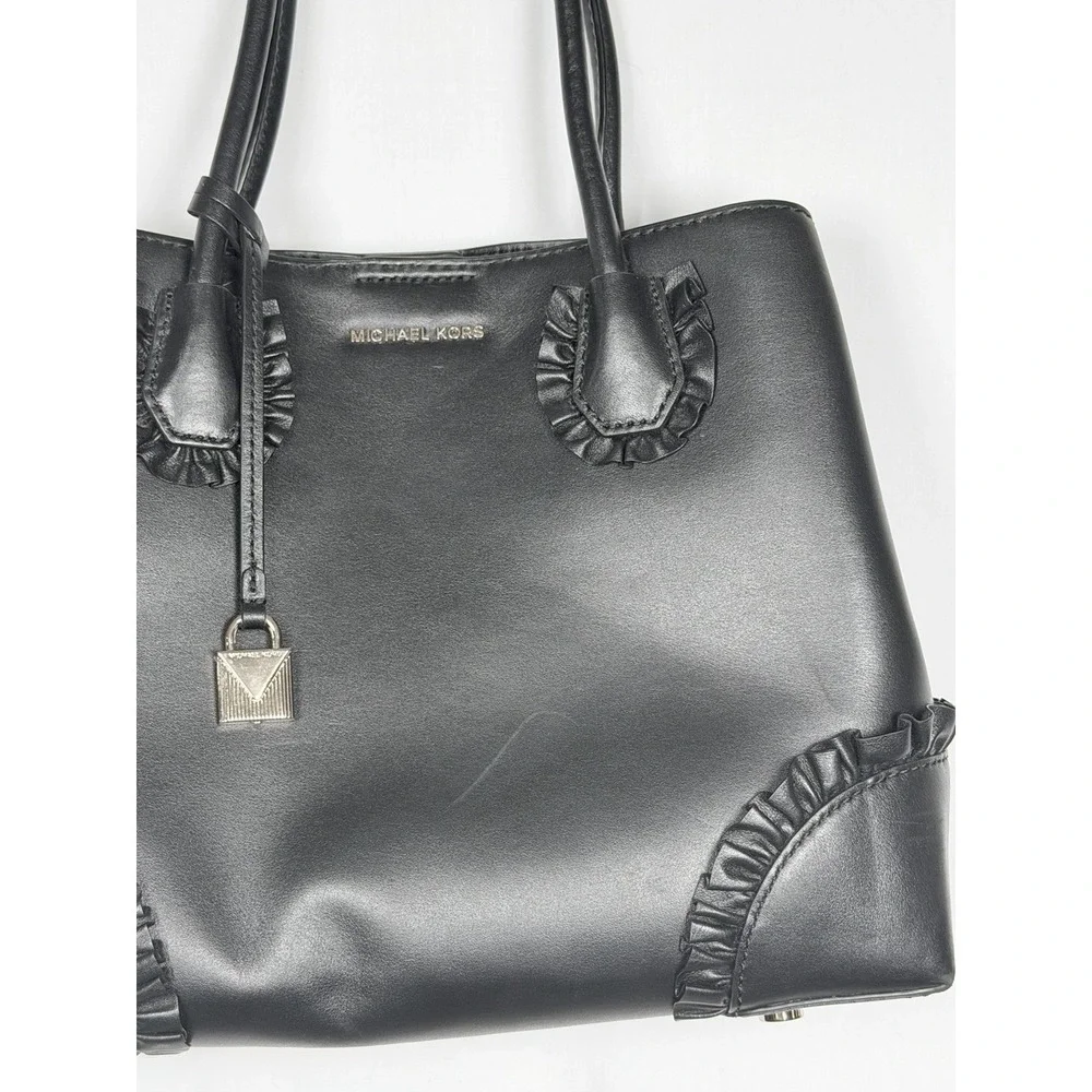 Michael Kors Mercer Gallery Medium Tote Black Leather Ruffle Satchel Purse